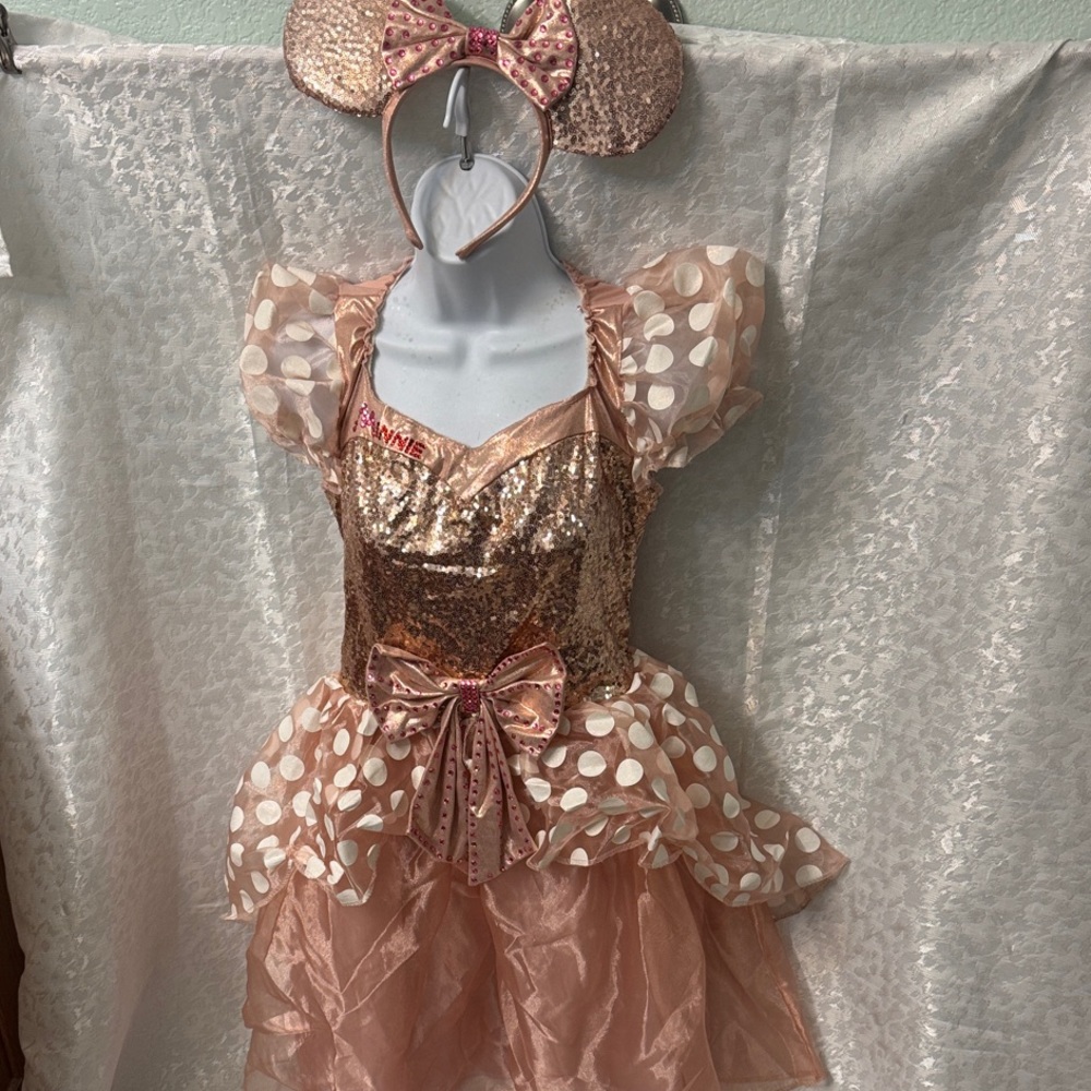 Disney Minnie Shimmering Gold and light Pink Halloween Costume with Disney ear.